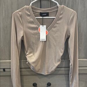 Cider Tan Ribbed V-Neck Women's Top